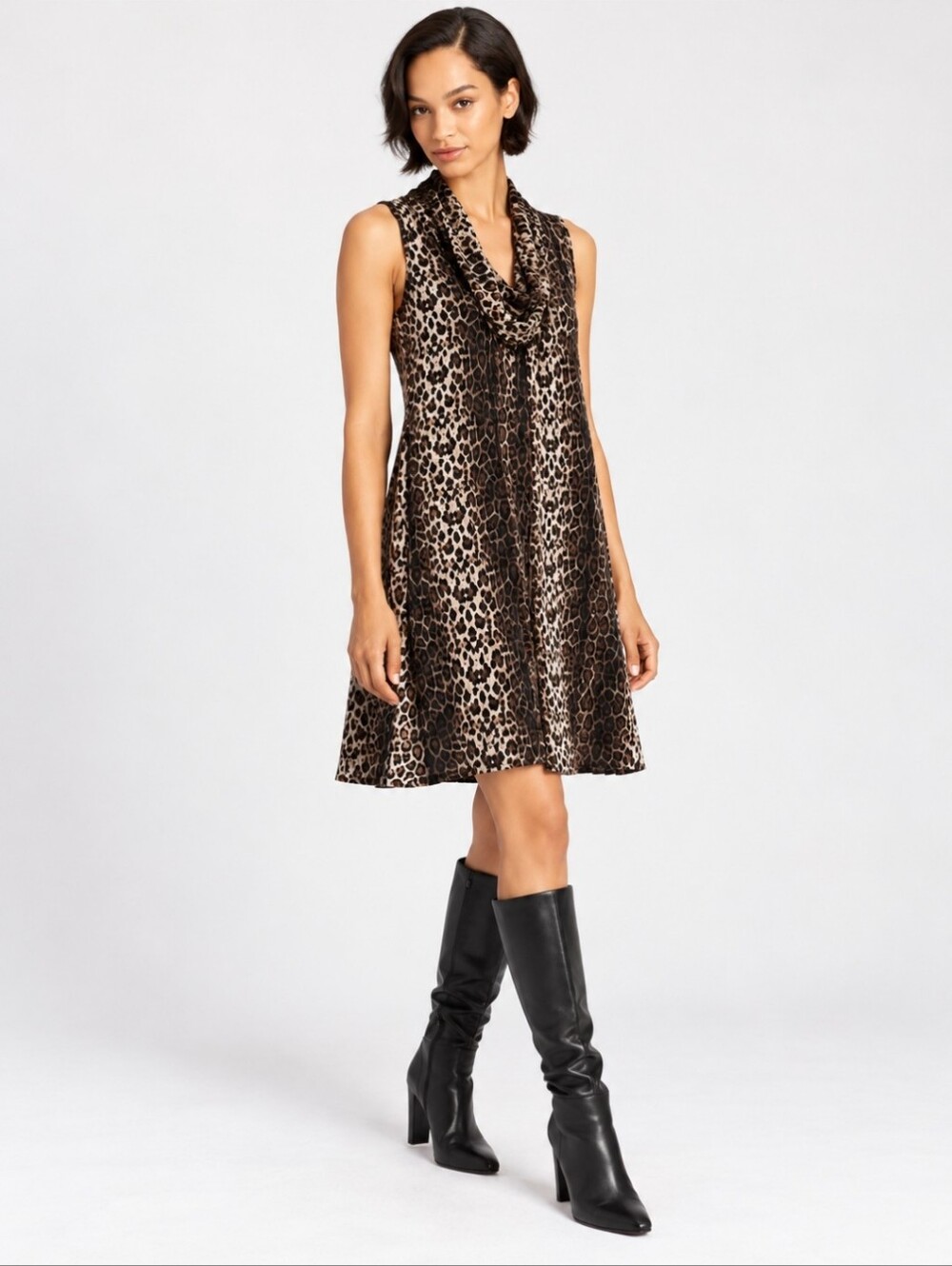 Papillon Leopard Print Cowl Neck Sleeveless Dress with Pockets – Chic Statement